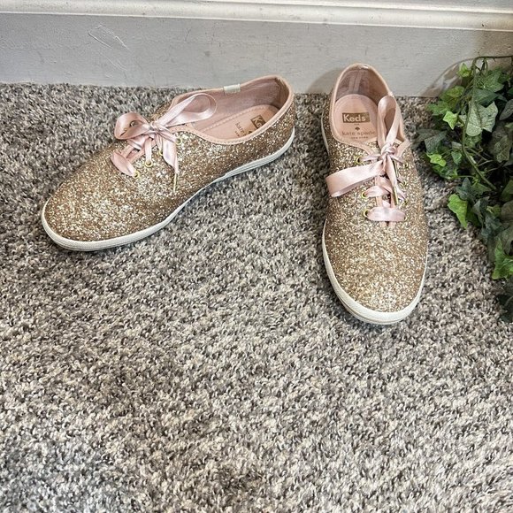 Keds womens Champion Kate Spade Glitter Sneaker Rose Gold Lace Up Size 8.5 Wide - Picture 2 of 9